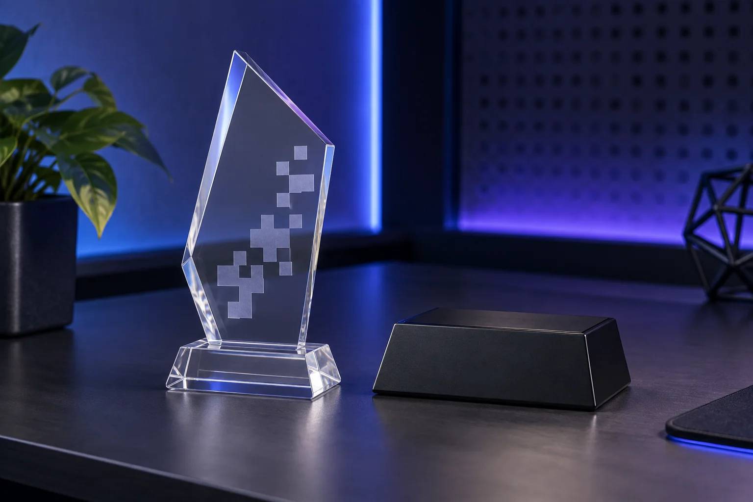 Pixel-inspired acrylic award on an esports presentation desk