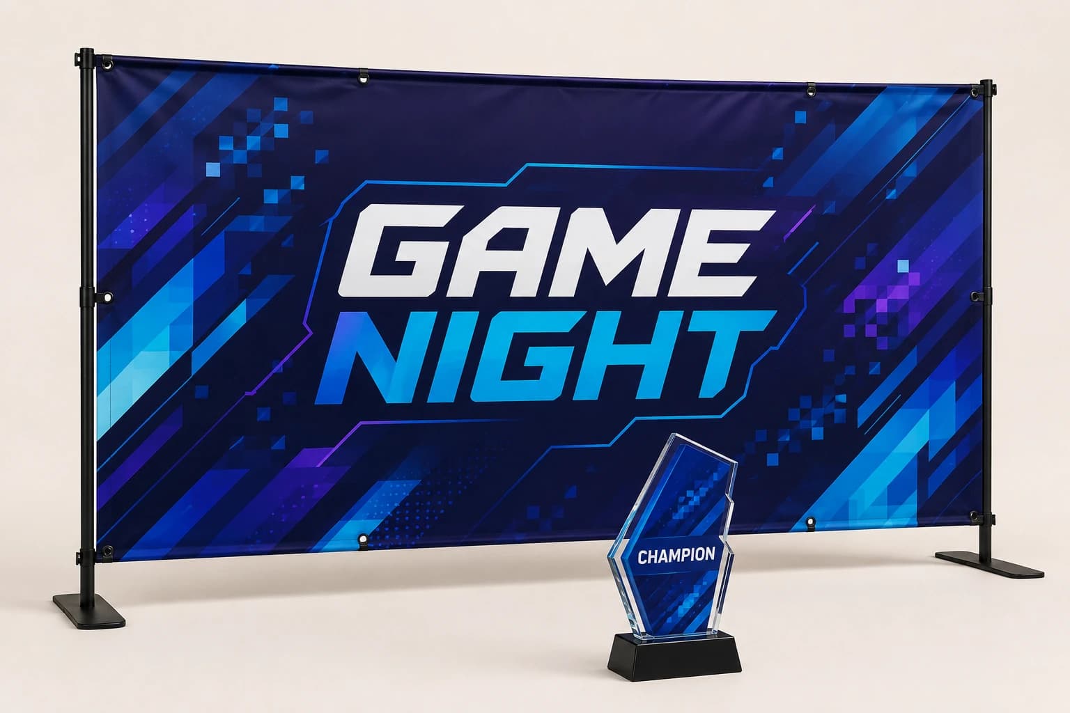 Indigo and cyan gaming-event banner with a matching angular award.