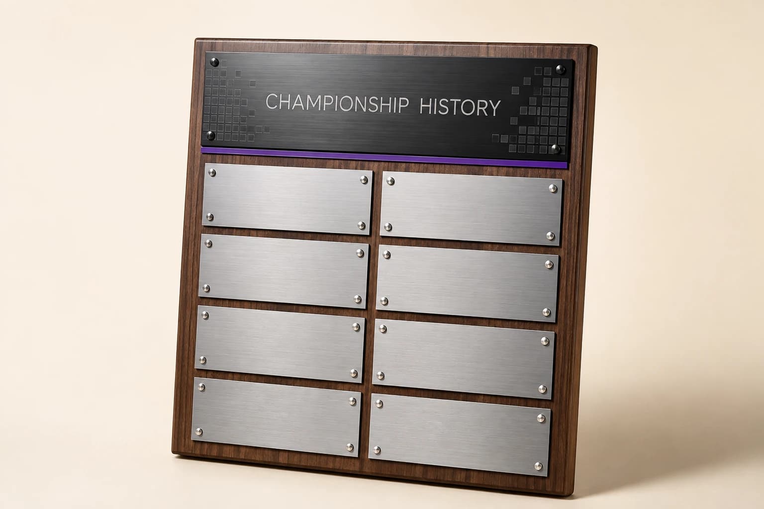 Walnut esports history plaque with eight silver annual plates.