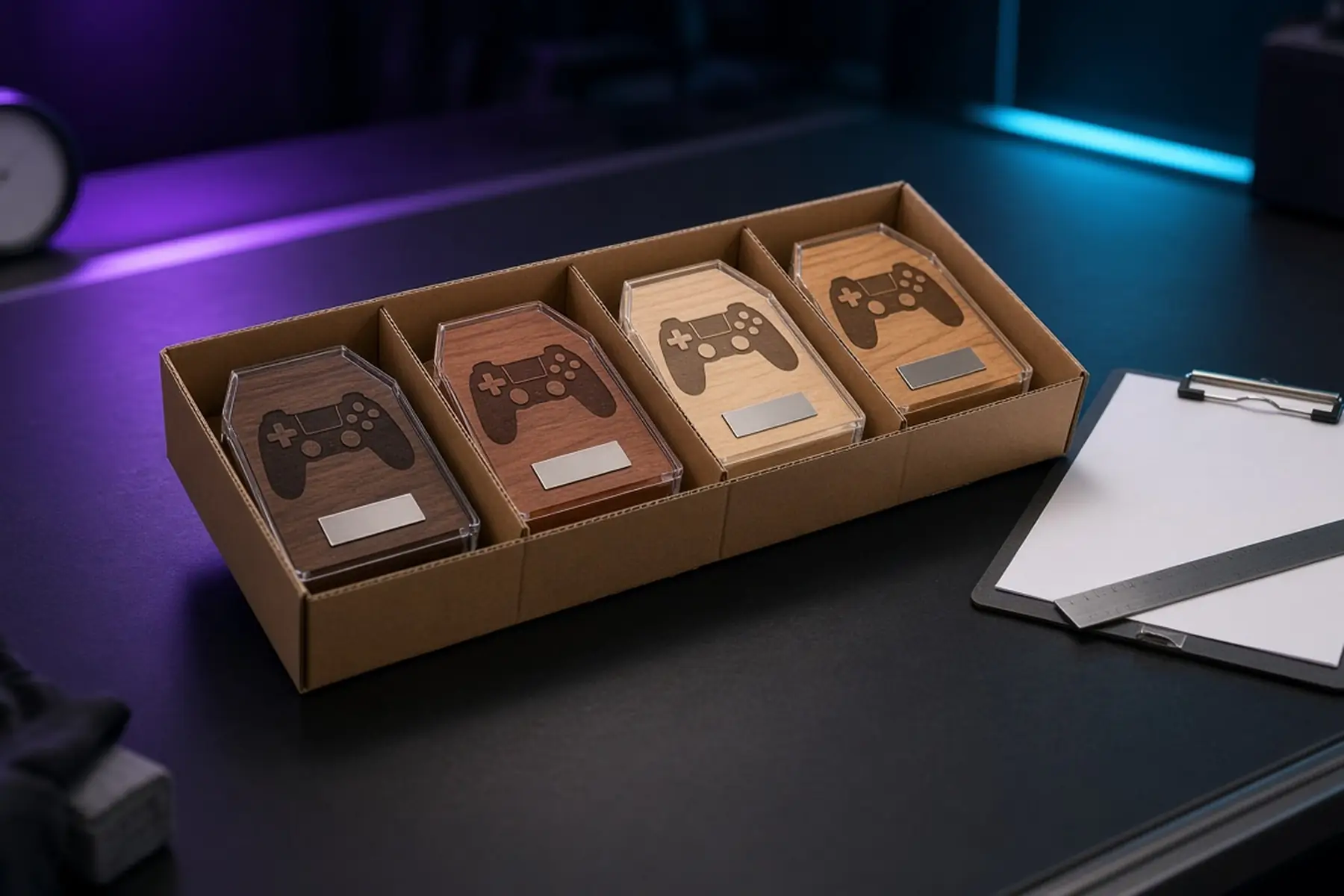 Coordinated order concept: matching Controller Motif Acrylic Award pieces grouped and separated for packing