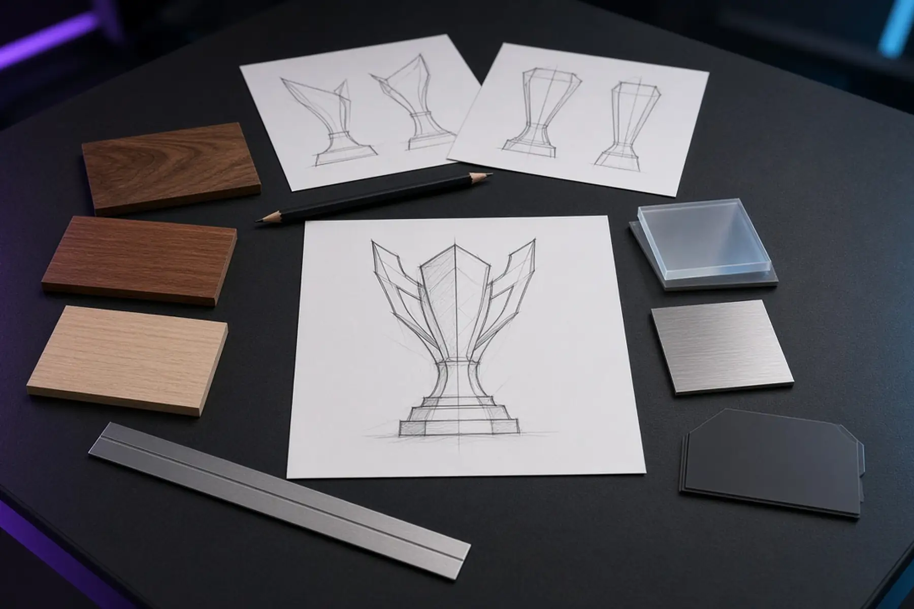 Design planning concept for a Esports Championship Trophy: sketches, material swatches and a blank sample shape
