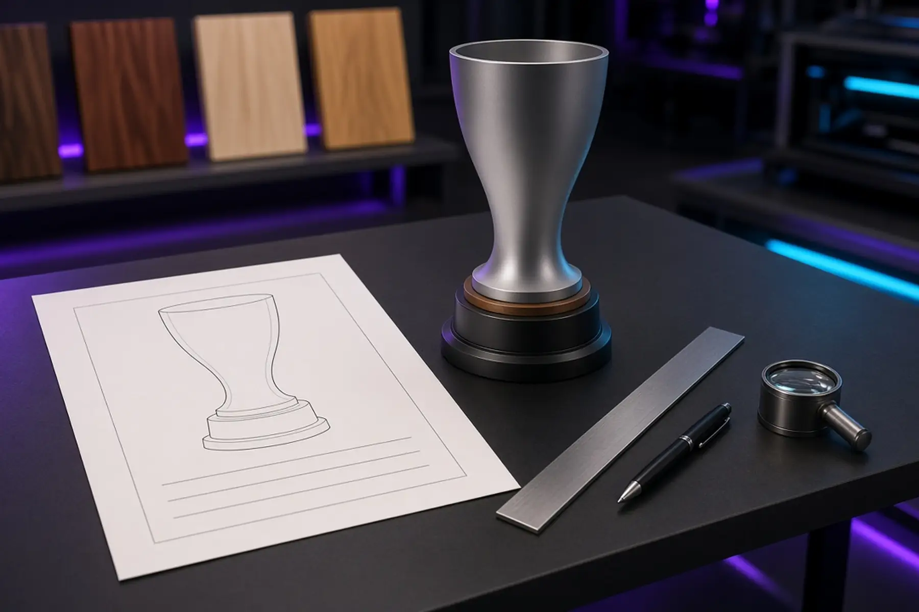 Proof review concept: a full-size layout checked against a blank Esports Championship Trophy