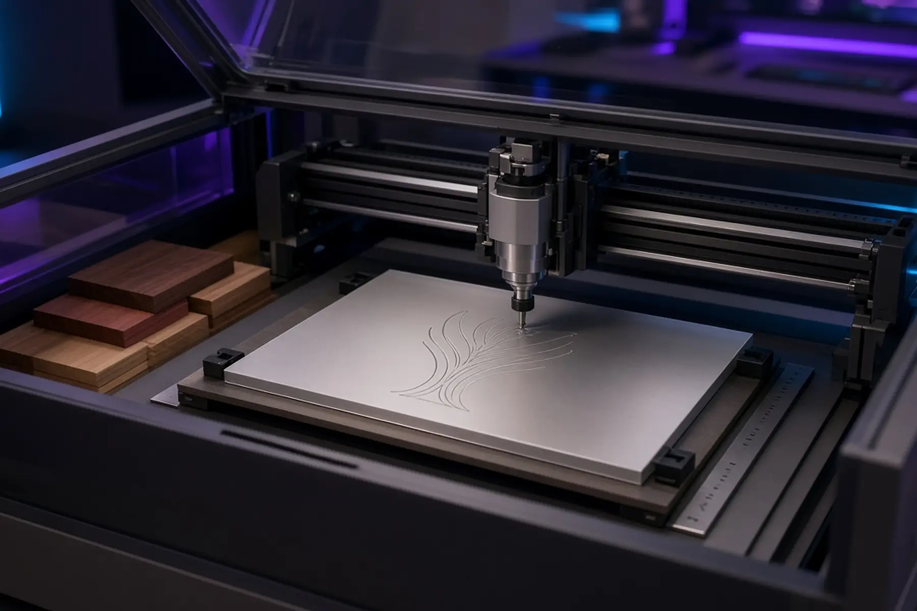 Engraving concept: a blank plate for a Esports Championship Trophy inside an enclosed marking machine