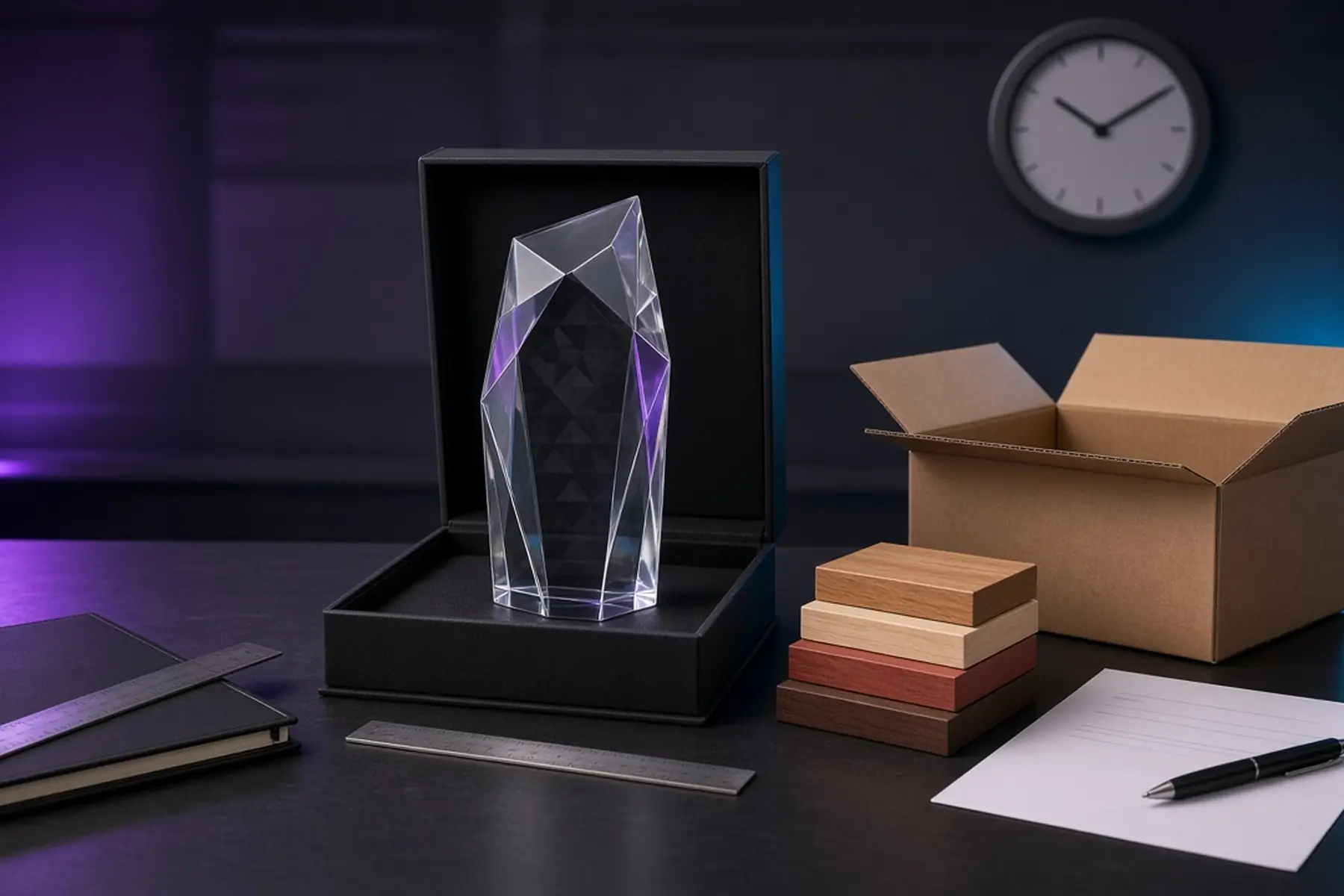 Rush planning concept: a Geometric Acrylic Esports Tower Award, carton and checklist arranged around an arrival date